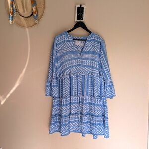 Mud Pie Renee Yarn Dye Boho Dress Blue and White Geometric Print Medium Ella